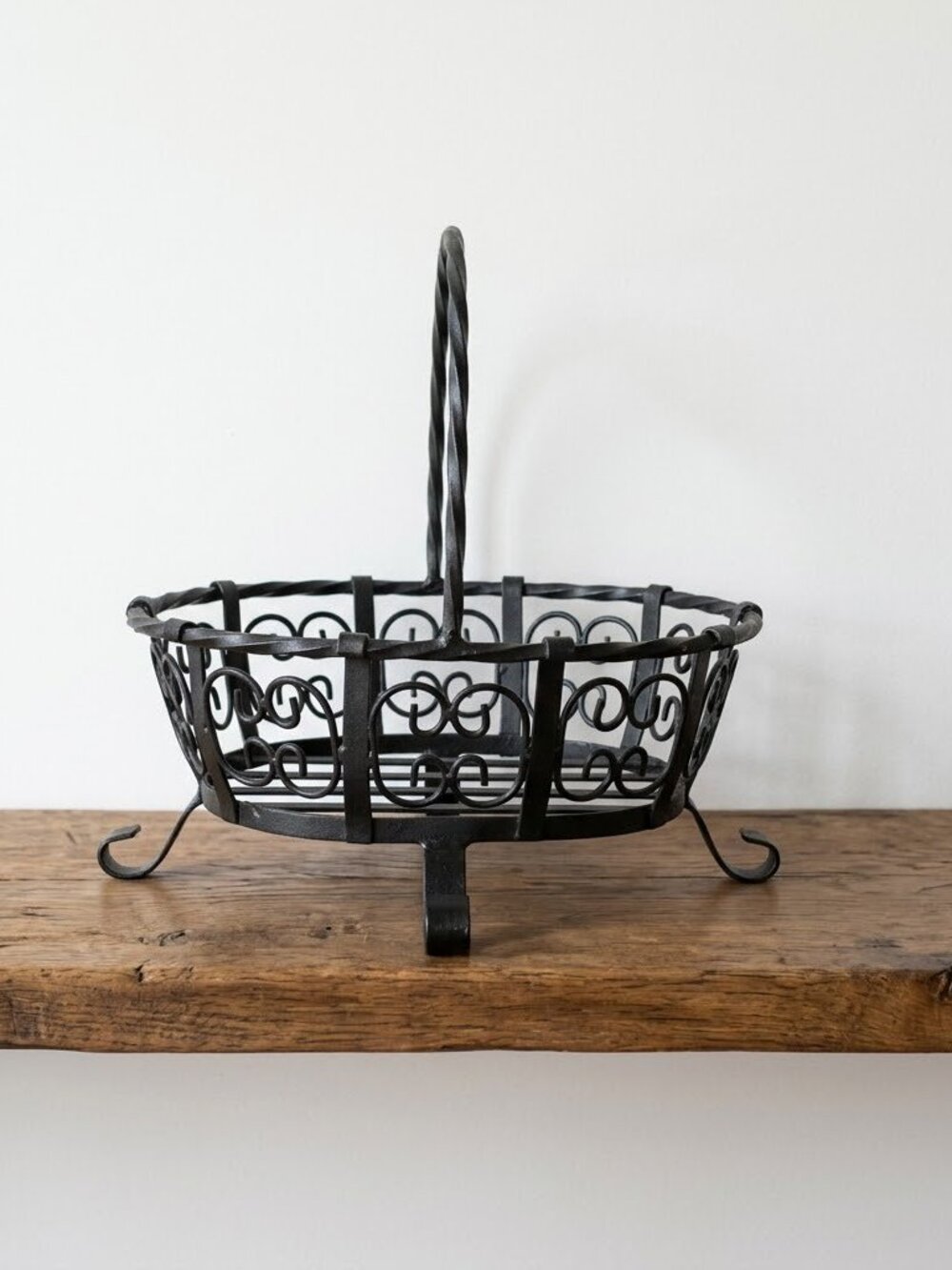 Vintage Heavy Cast Iron Basket with Twisted Handle Scroll Detail French Country